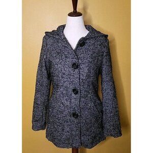d.e.t.a.i.l.s. INTL Womens Pea Coat Medium Lined Hooded Button Up Black White